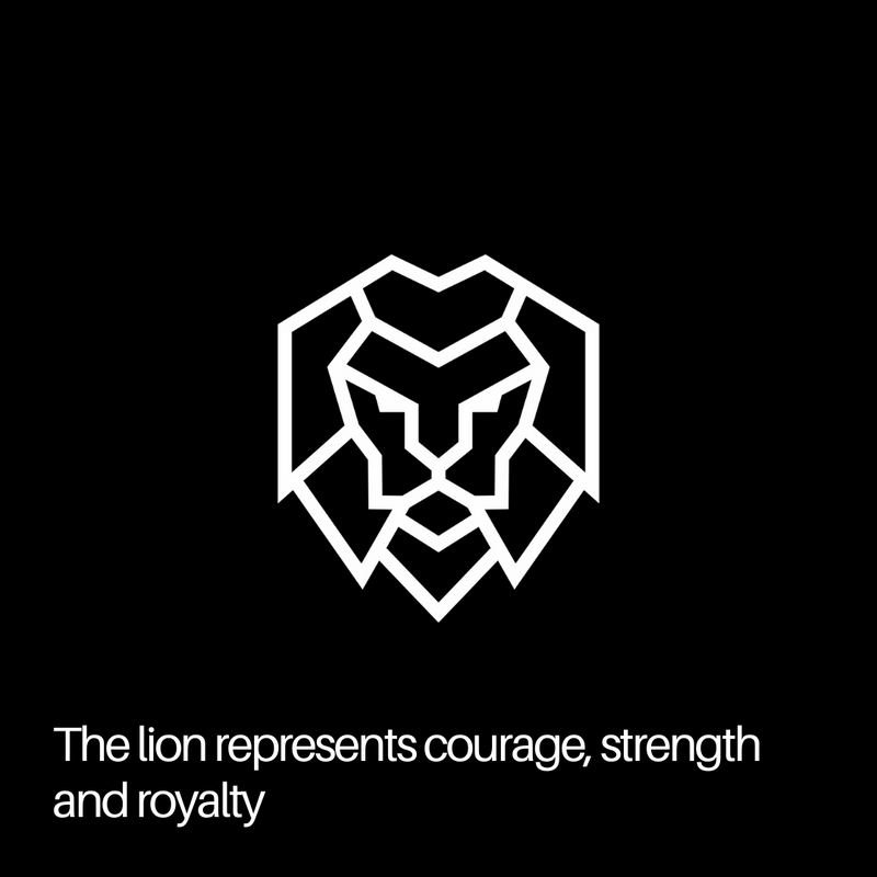 The ROCKJAW geometric lion mark on black, captioned: the lion represents courage, strength and royalty